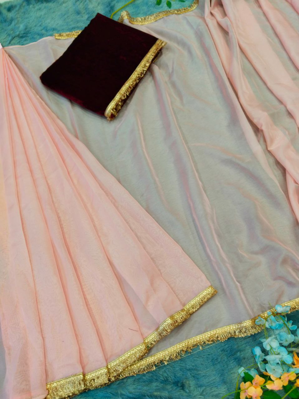 Latest Designer Most Beautiful Peach Color Ready To Wear Saree.