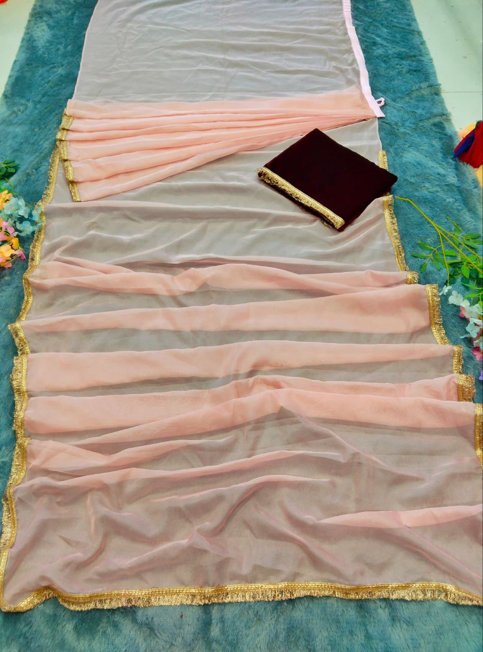 Latest Designer Most Beautiful Peach Color Ready To Wear Saree.