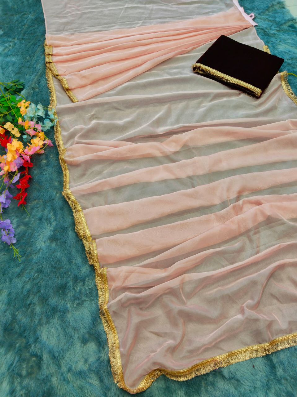 Latest Designer Most Beautiful Peach Color Ready To Wear Saree.