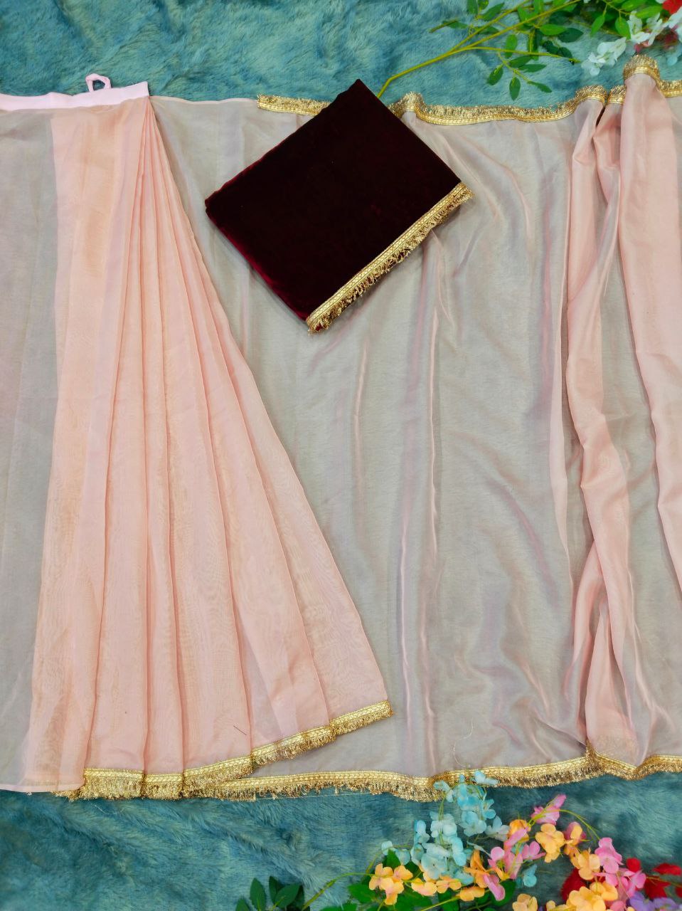 Latest Designer Most Beautiful Peach Color Ready To Wear Saree.