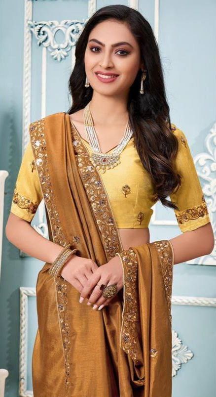 Pretty Premium Vichitra Silk Beautiful Mustard saree.