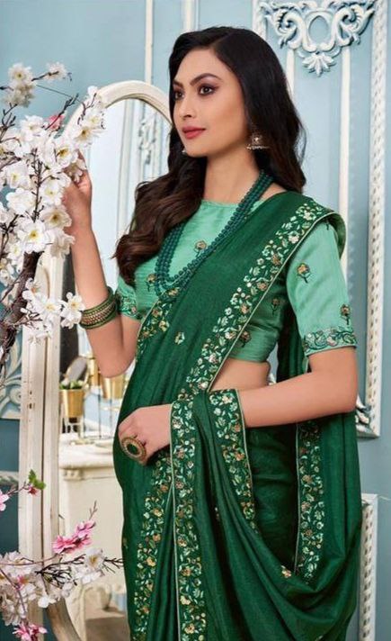 New Designer Green Colour Vichitra Silk Saree.