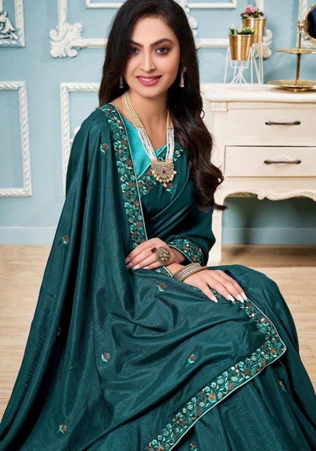 Wedding Wear Special Vichitra Silk Embroidery Thread Work Saree.