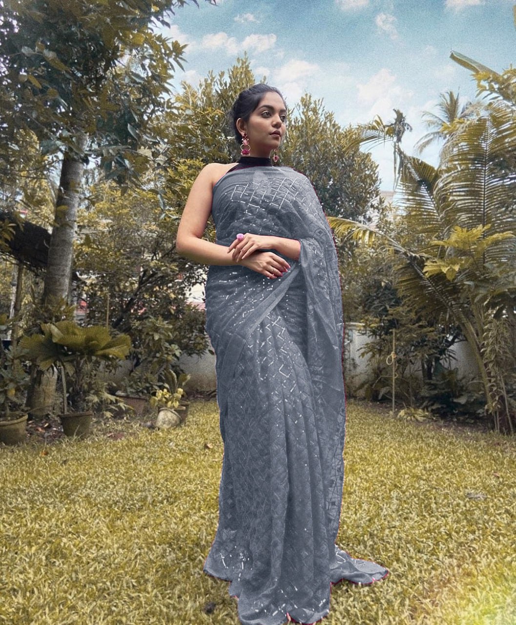 Occasions Wear Special Grey Colour Sequence Work Georgette Saree.