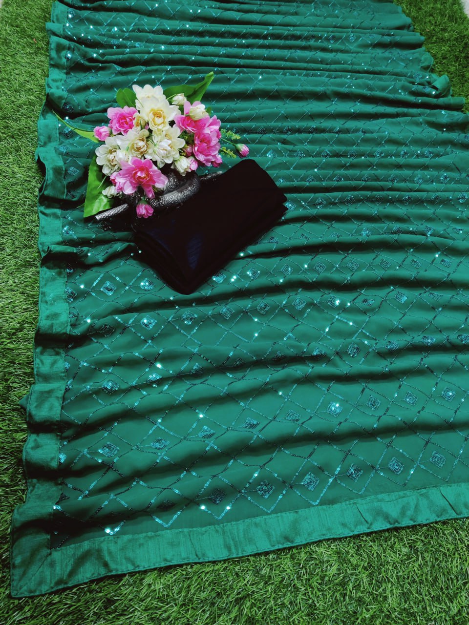Party Wear Special Green Colour Sequence Work Georgette Saree.