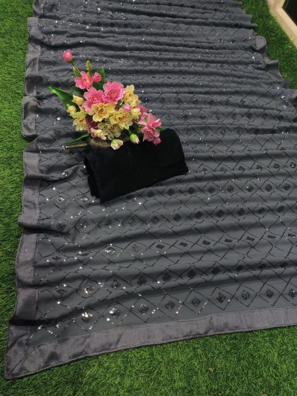 Occasions Wear Special Grey Colour Sequence Work Georgette Saree.