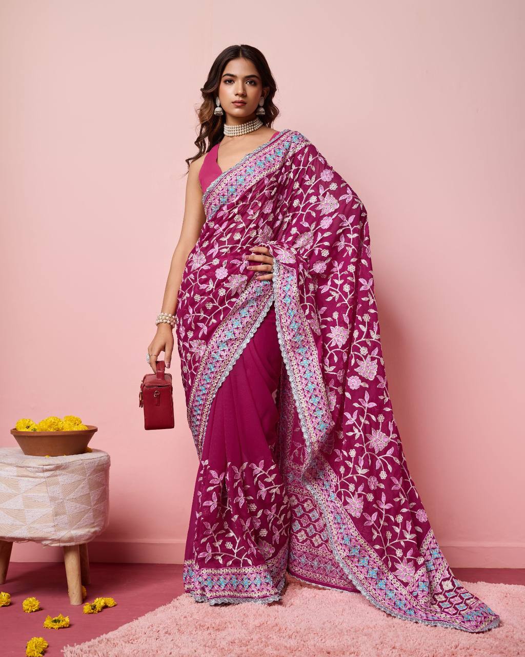 Weddings Wear Special Kashmiri Embroidery Work Georgette Saree.