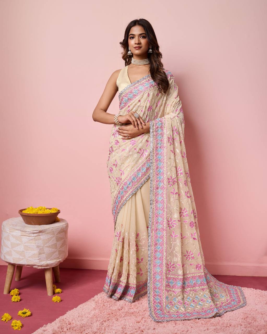 Pretty Premium Georgette Kashmiri Embroidery Work Saree Collection.