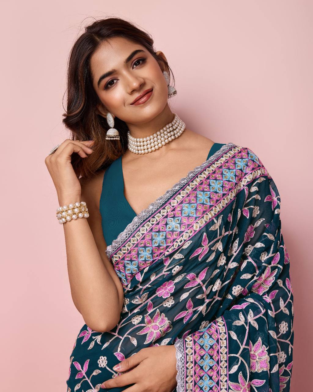 Trendy Designer Heavy Georgette Kashmiri Embroidery Work Saree.