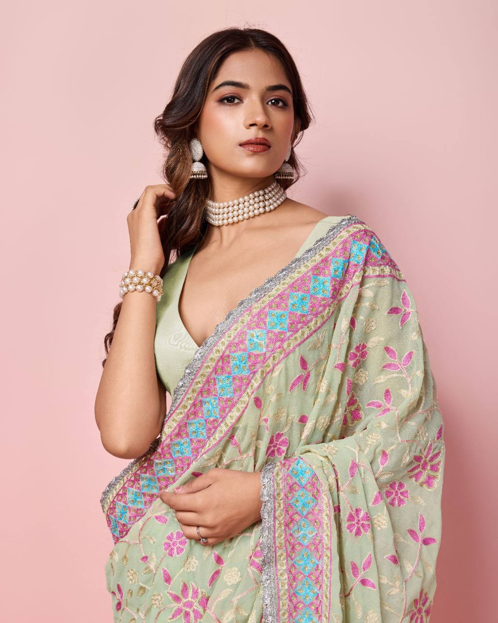 Pista Color Occasions Wear Special Georgette Saree Collection.