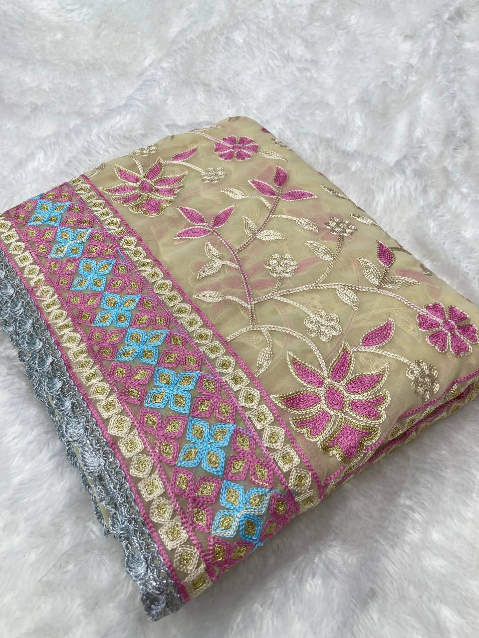 Pretty Premium Georgette Kashmiri Embroidery Work Saree Collection.