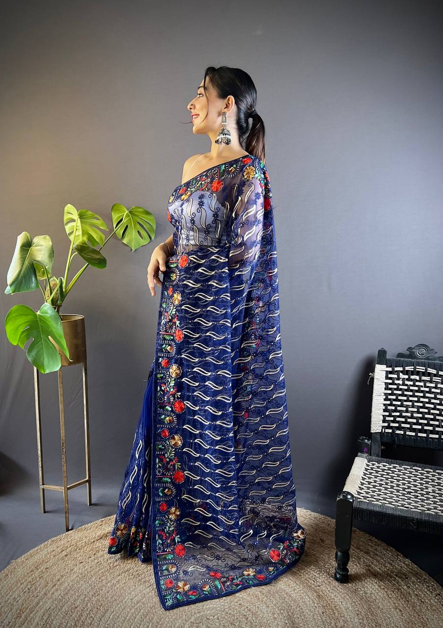 Party Wear Blue Heavy Butterfly Soft Net Saree Collection.