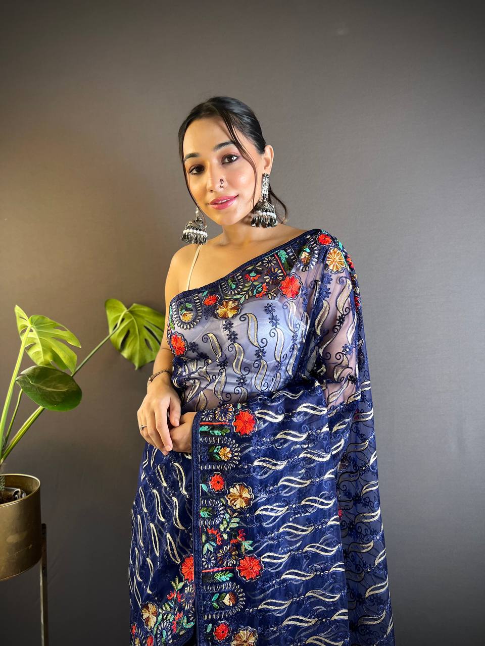 Party Wear Blue Heavy Butterfly Soft Net Saree Collection.