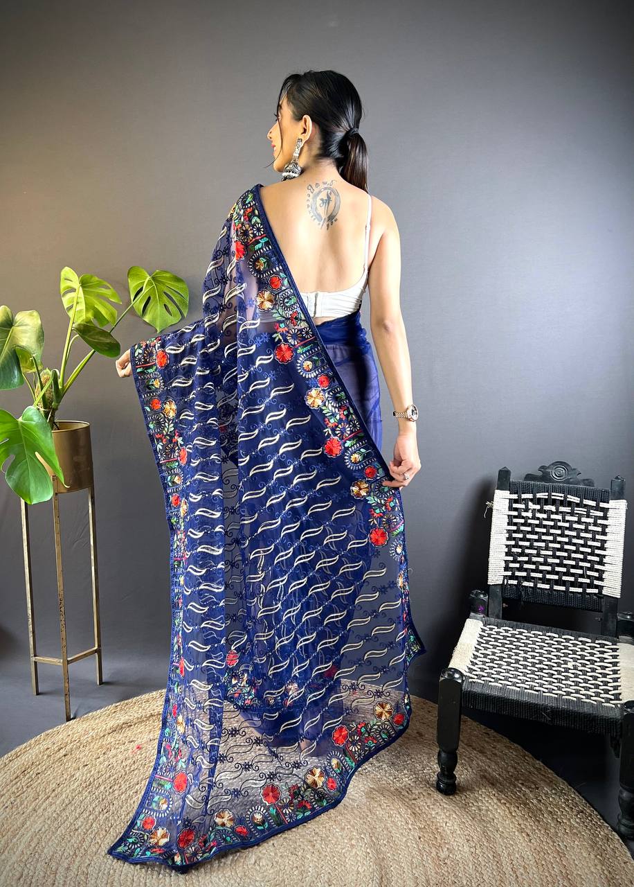 Party Wear Blue Heavy Butterfly Soft Net Saree Collection.