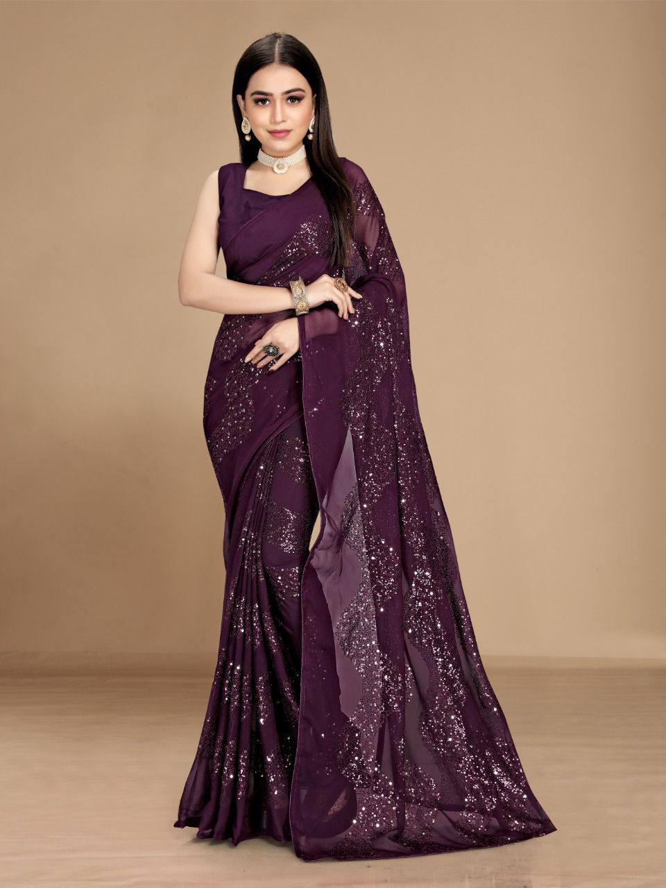 Party Wear Special Designer Premium Heavy Georgette Wine Color Saree.