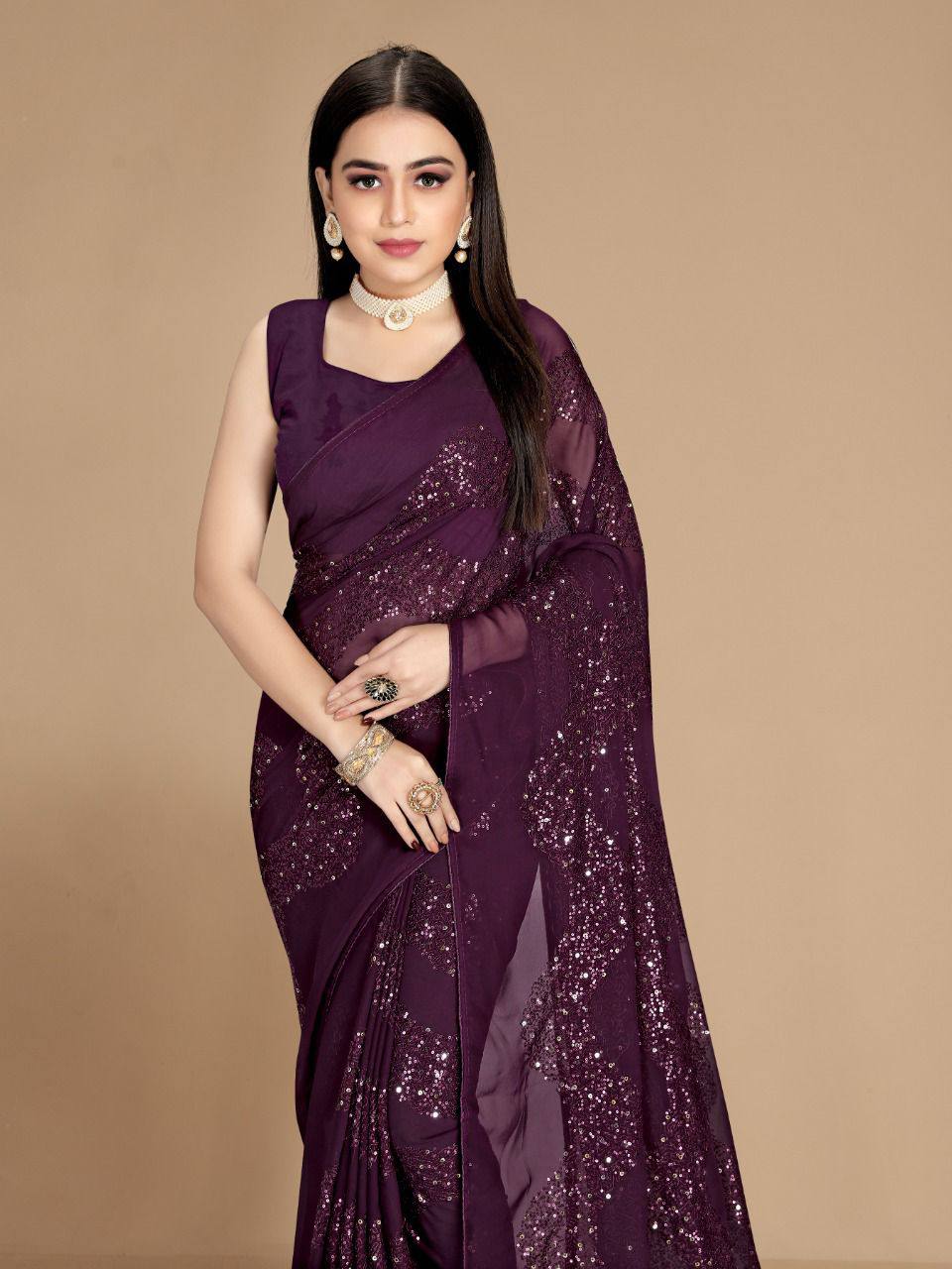 Party Wear Special Designer Premium Heavy Georgette Wine Color Saree.