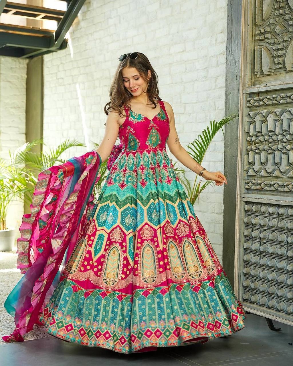 Multi Colored New Embroidery Work Gown With Pent With Dupatta.