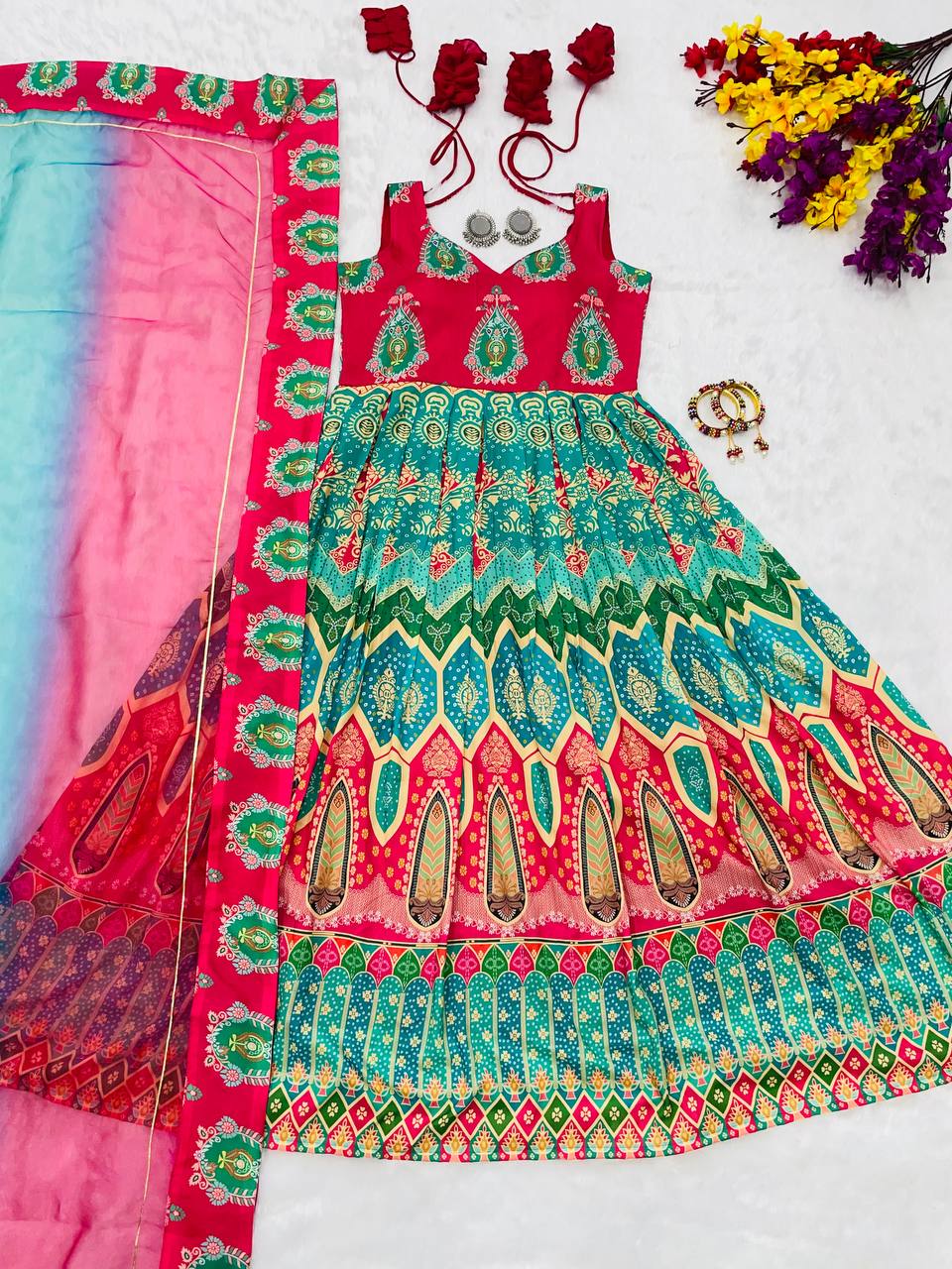 Multi Colored New Embroidery Work Gown With Pent With Dupatta.