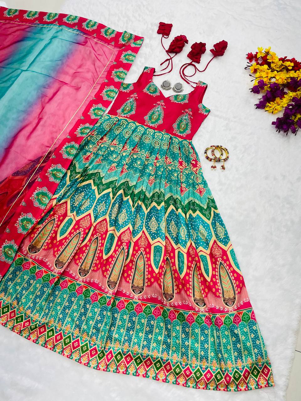 Multi Colored New Embroidery Work Gown With Pent With Dupatta.