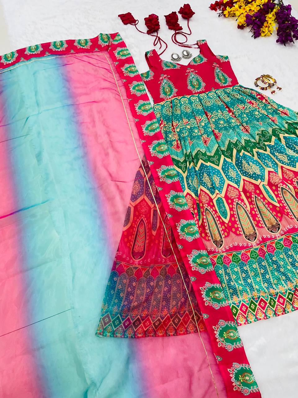 Multi Colored New Embroidery Work Gown With Pent With Dupatta.