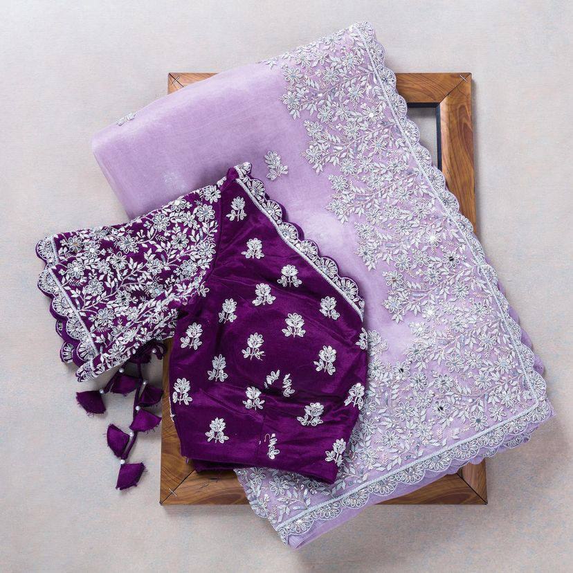 New Latest Designer Lavender Soft Organza Silk Saree Collection.