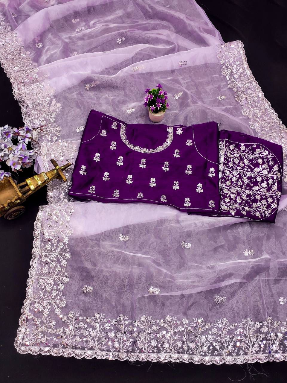 New Latest Designer Lavender Soft Organza Silk Saree Collection.