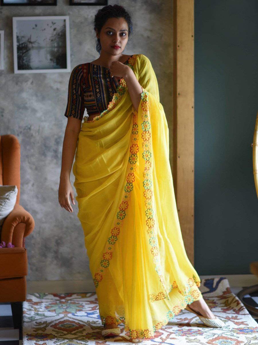 Most Trendy Yellow Heavy Dolla Silk saree collection.