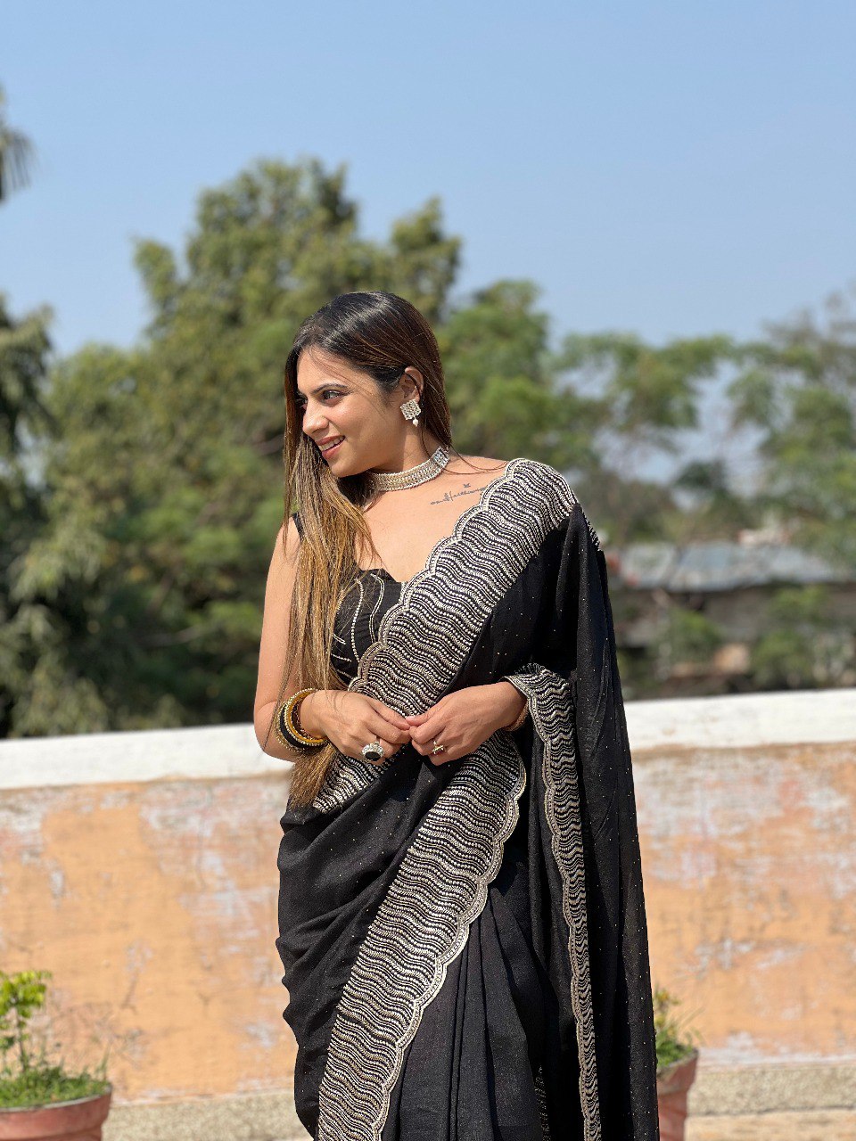 New Party Wear Special Heavy Blooming Vichitra Silk Black Saree.