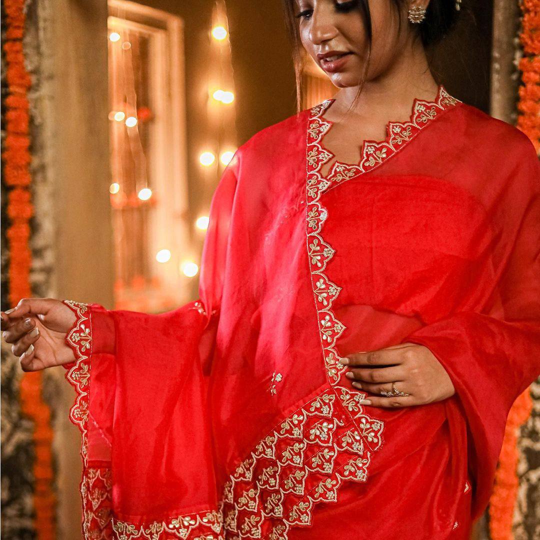 Beautiful Red Organza Silk Saree Collection.