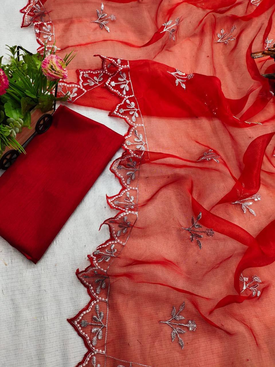 Beautiful Red Organza Silk Saree Collection.