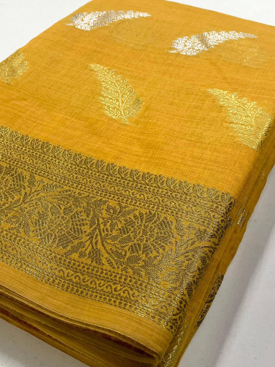 Haldi Occasions Special Look Premium Cotton Silk Mustard Yellow Color Saree.