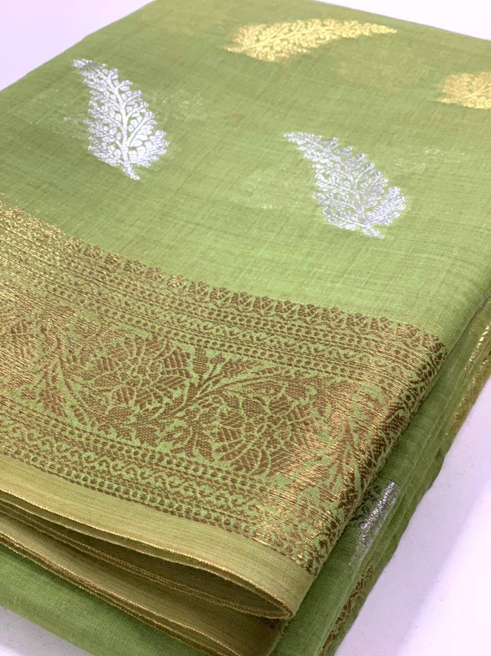 Wedding Wear Special Cotton Silk Pista Color Saree.