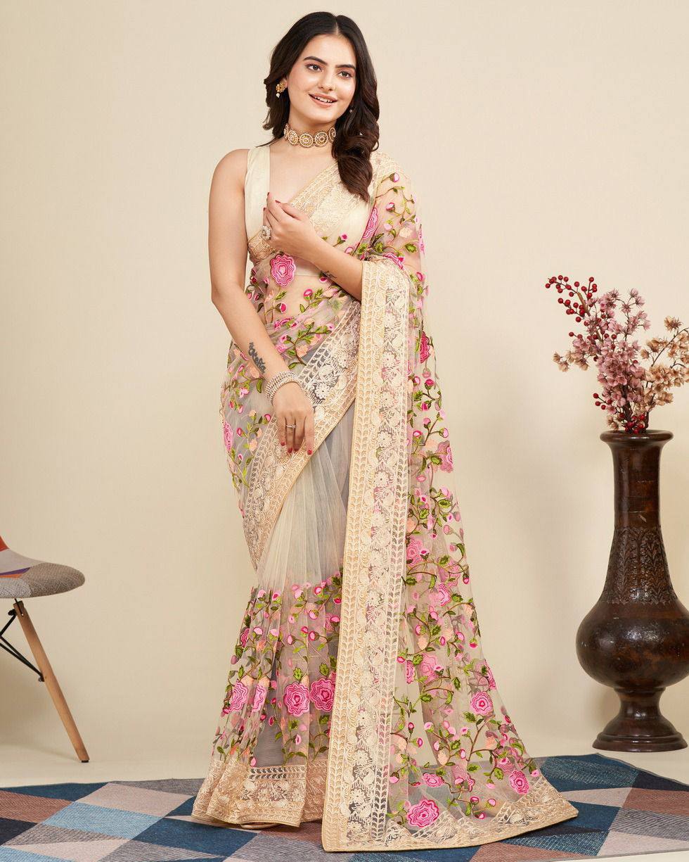 Gorgeous Look Pretty Chikankari Embroidery Work Soft Net Saree.