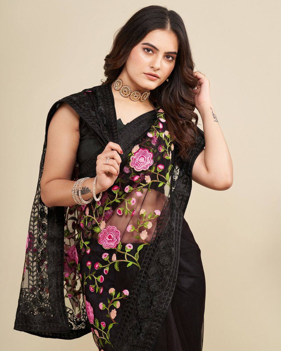 Party Wear Special Soft Net Black Colour Saree Collection.