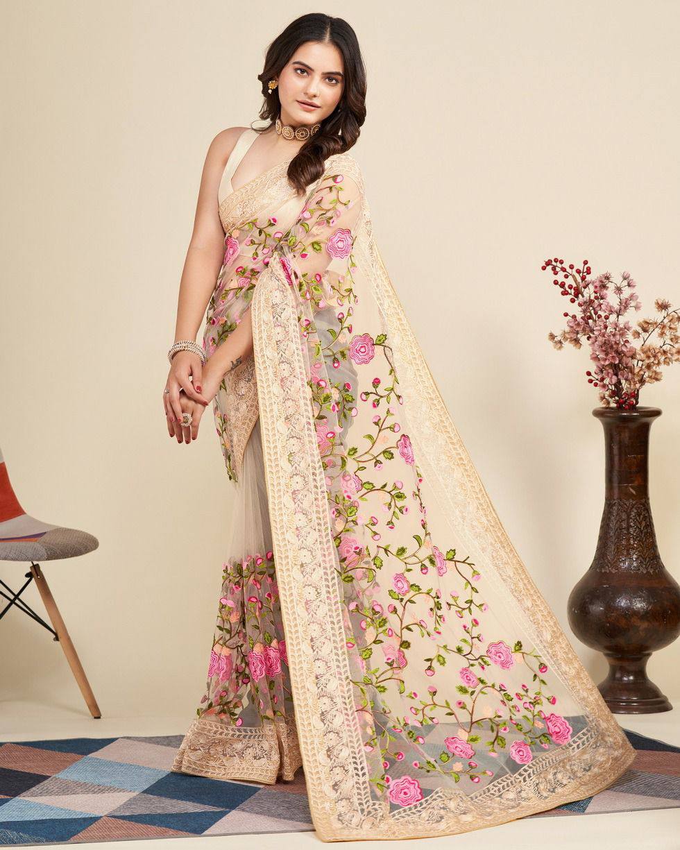 Gorgeous Look Pretty Chikankari Embroidery Work Soft Net Saree.