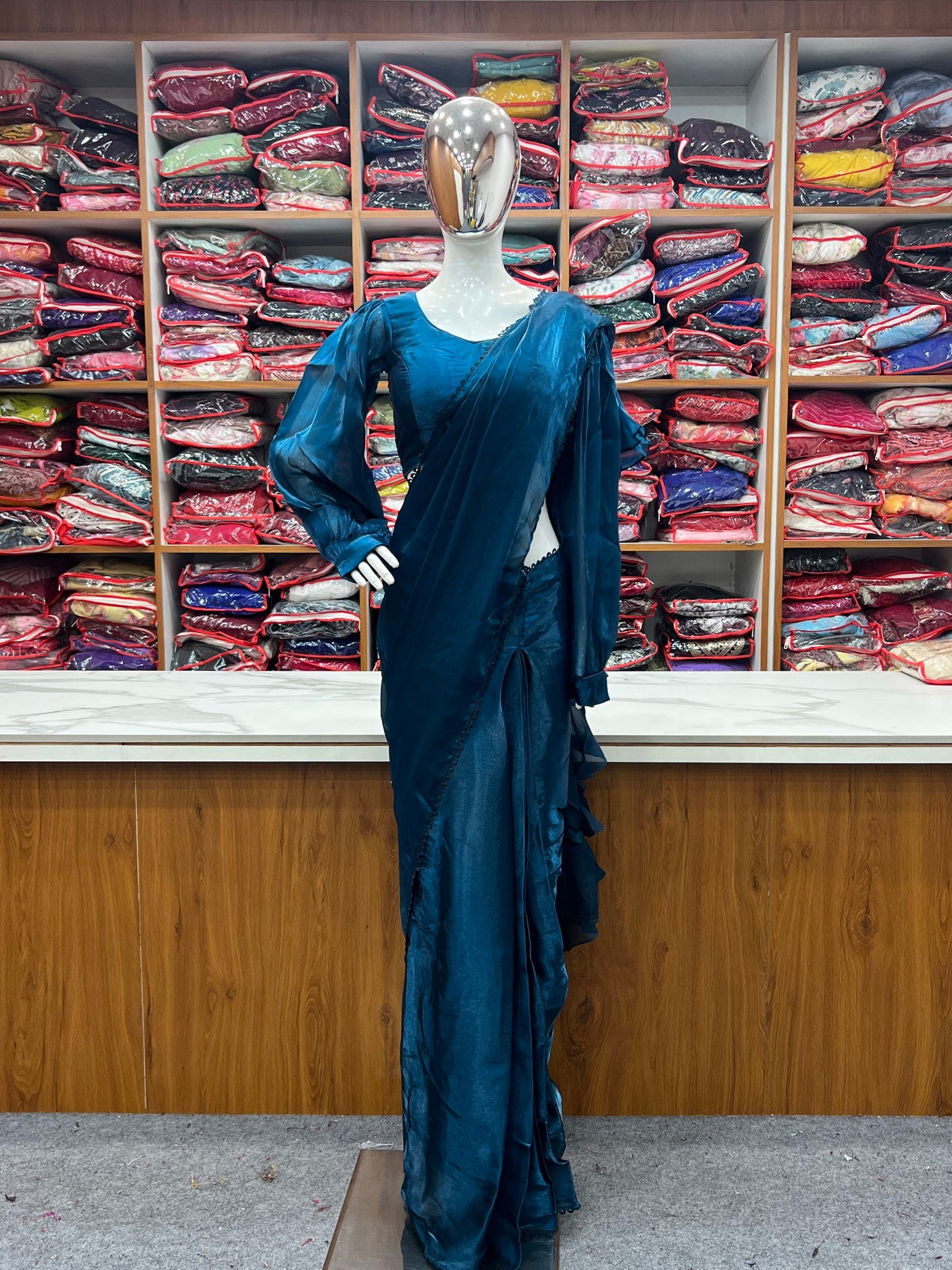 Teal Blue Party Wear Predrapped Ruffle Ready To Wear Saree Collection.