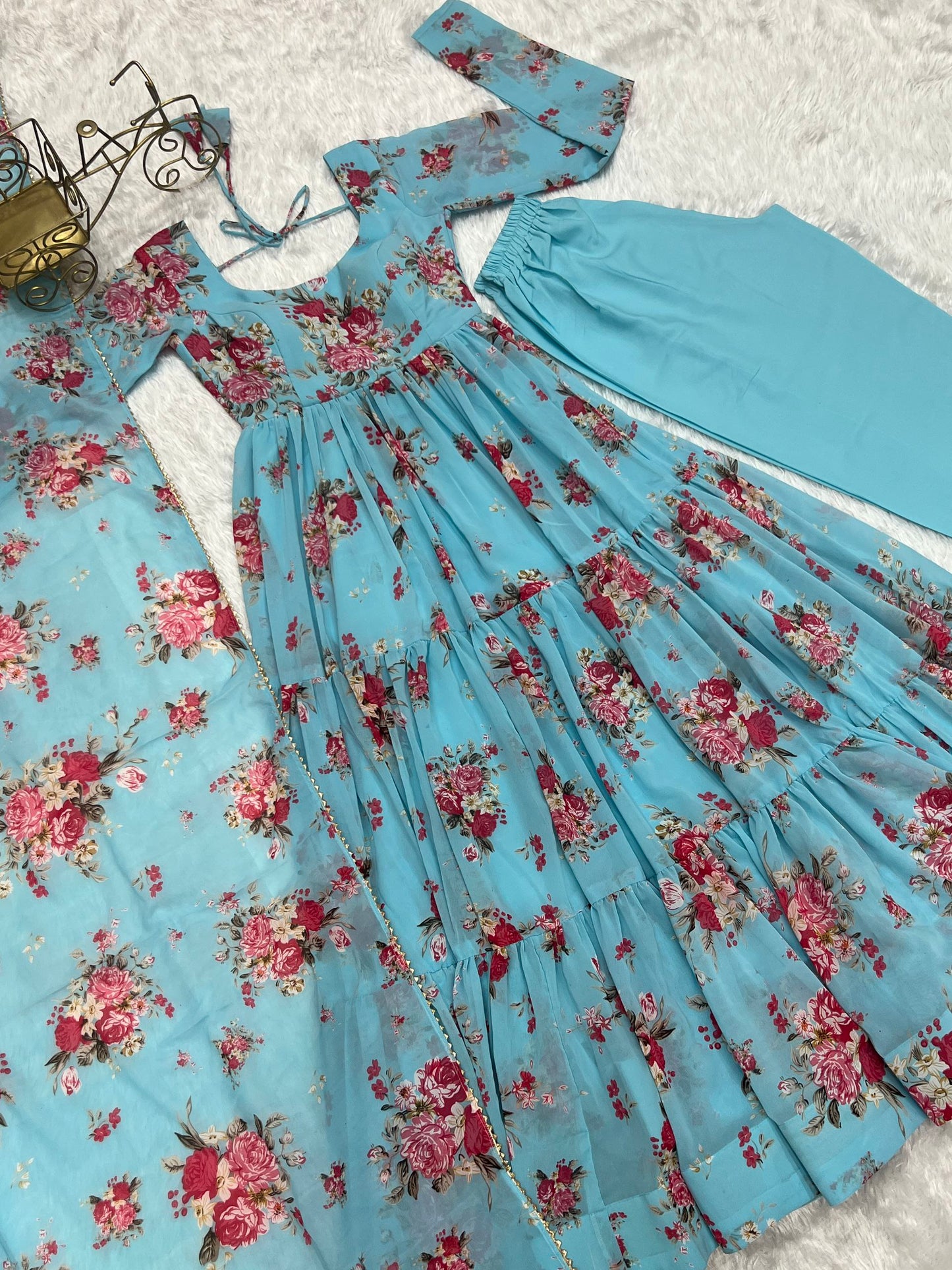 Sky Blue Colour Designer Kalamkari Floral Printed Full Flaired Gown Collection.