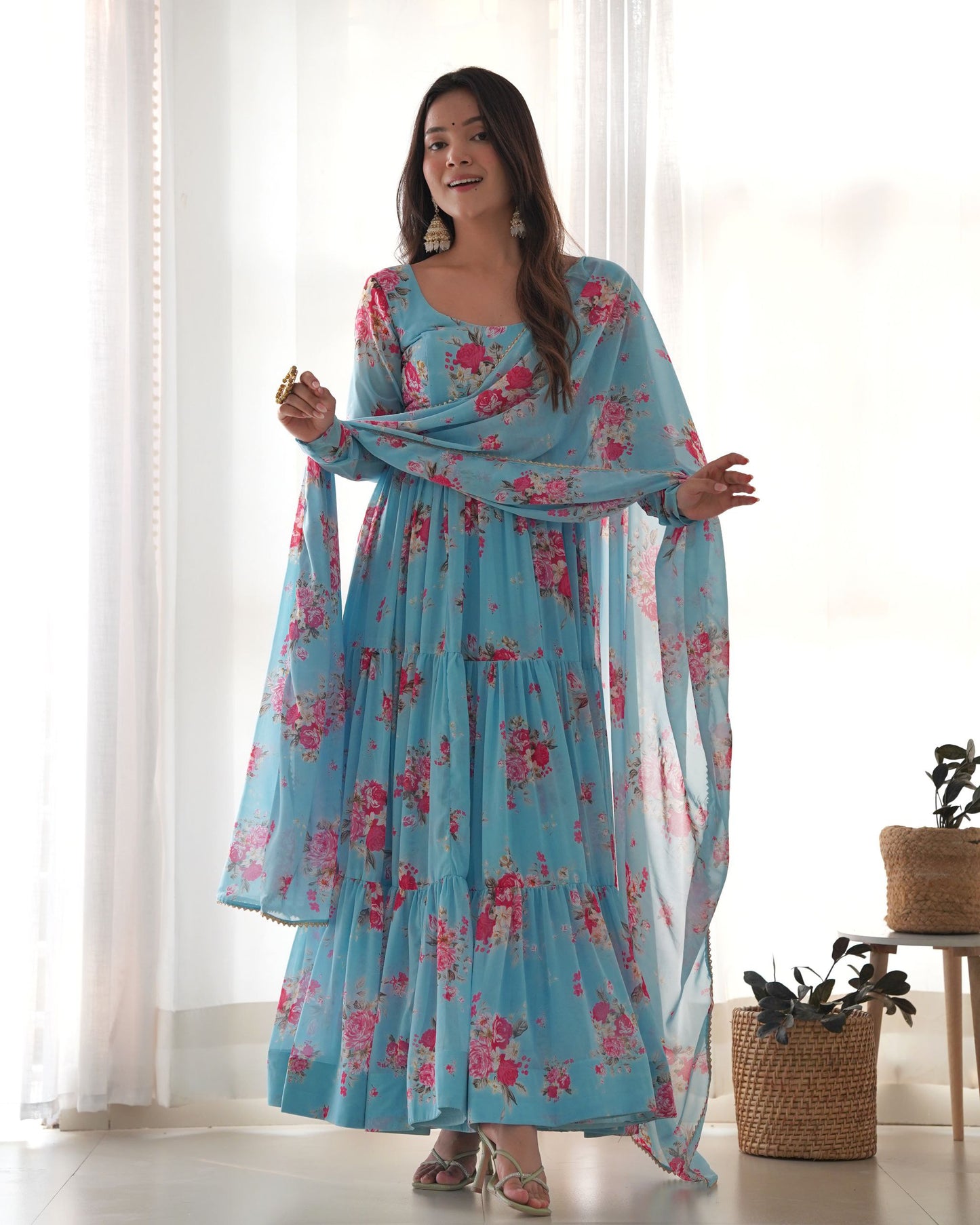 Sky Blue Colour Designer Kalamkari Floral Printed Full Flaired Gown Collection.