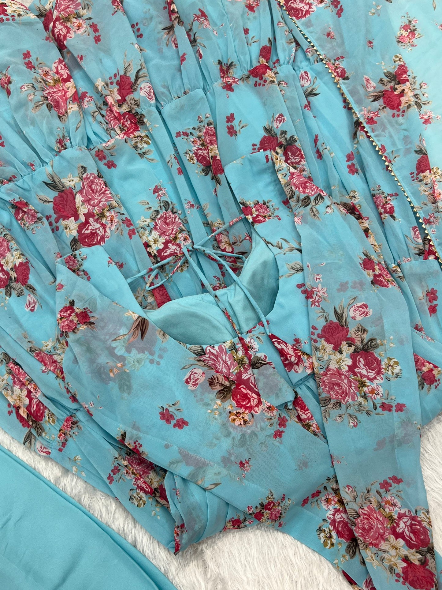 Sky Blue Colour Designer Kalamkari Floral Printed Full Flaired Gown Collection.
