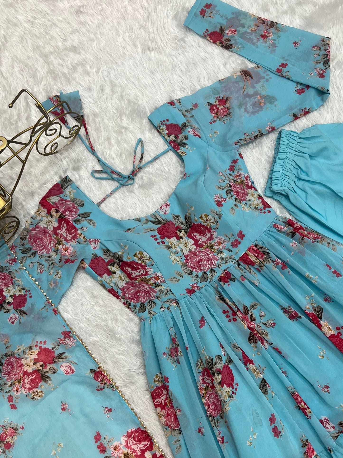 Sky Blue Colour Designer Kalamkari Floral Printed Full Flaired Gown Collection.