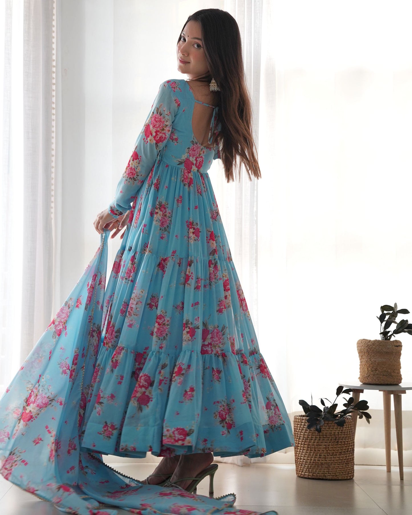 Sky Blue Colour Designer Kalamkari Floral Printed Full Flaired Gown Collection.