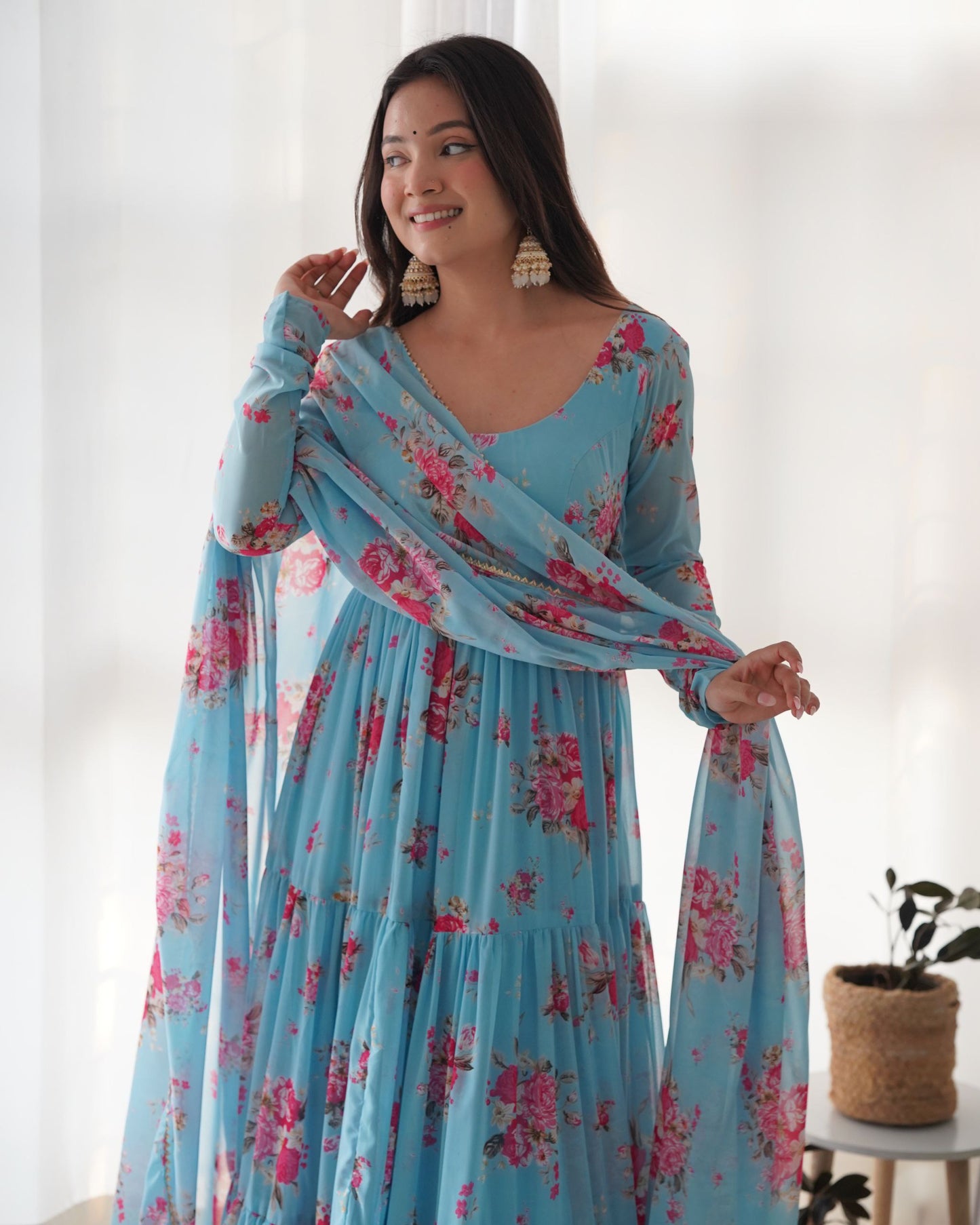 Sky Blue Colour Designer Kalamkari Floral Printed Full Flaired Gown Collection.