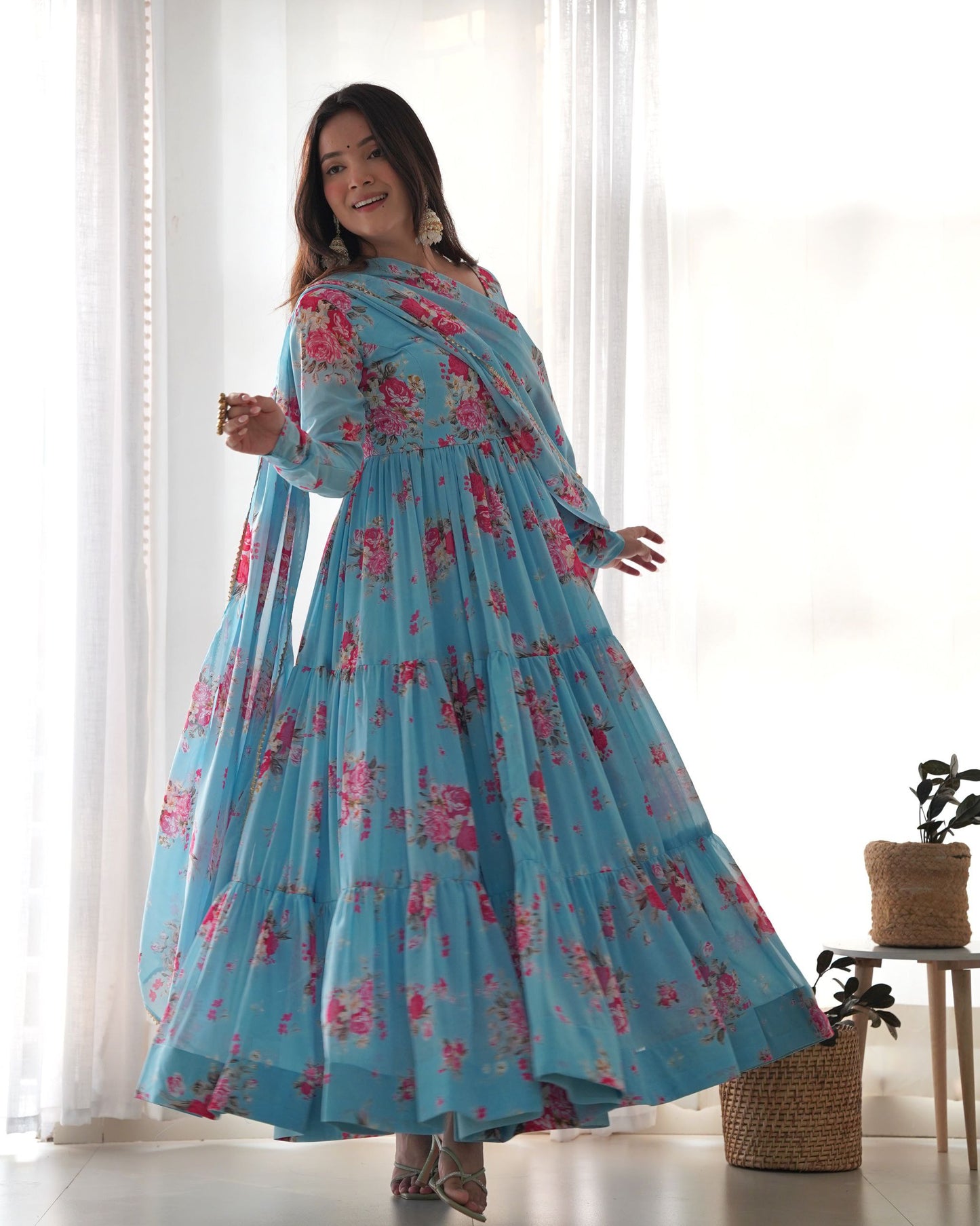 Sky Blue Colour Designer Kalamkari Floral Printed Full Flaired Gown Collection.