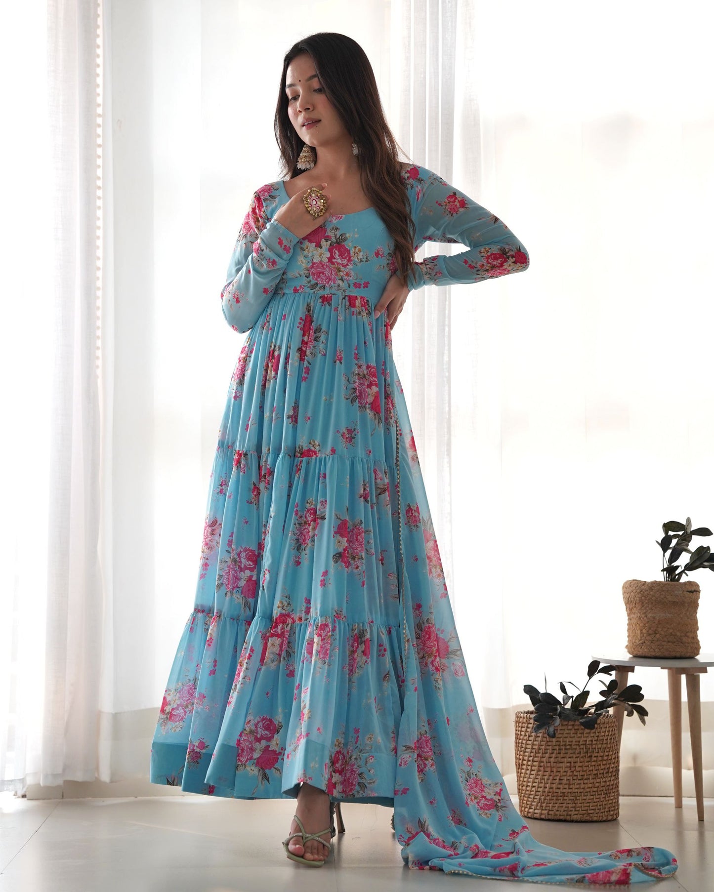 Sky Blue Colour Designer Kalamkari Floral Printed Full Flaired Gown Collection.