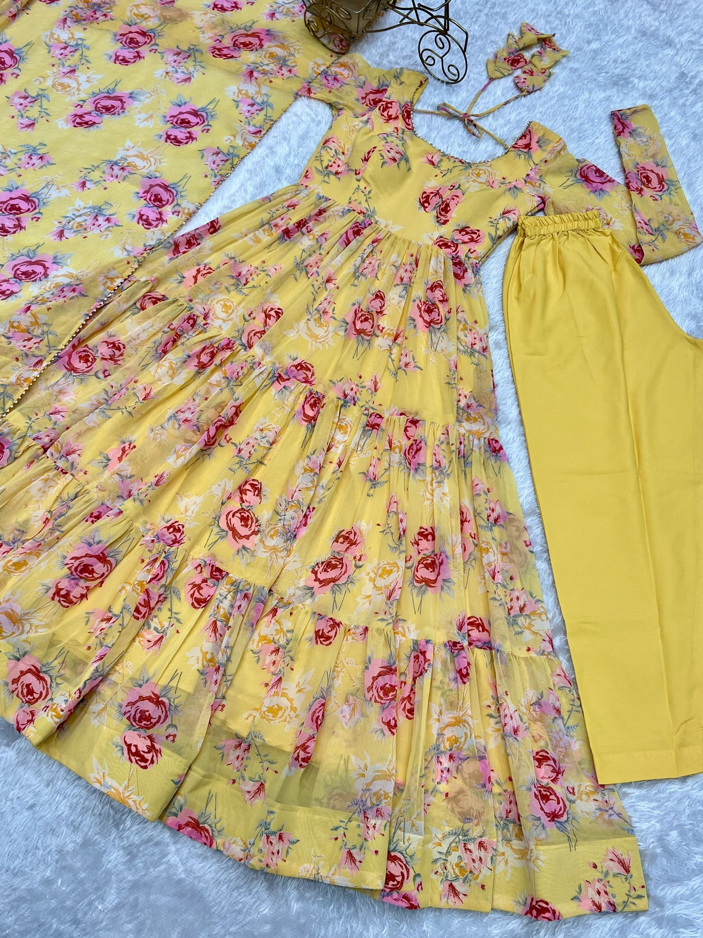 Yellow Colour Floral Printed Haldi functions Special Full Flaired Gown Collection.