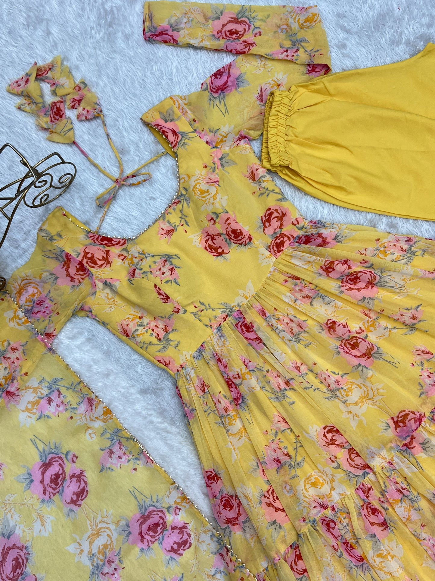 Yellow Colour Floral Printed Haldi functions Special Full Flaired Gown Collection.