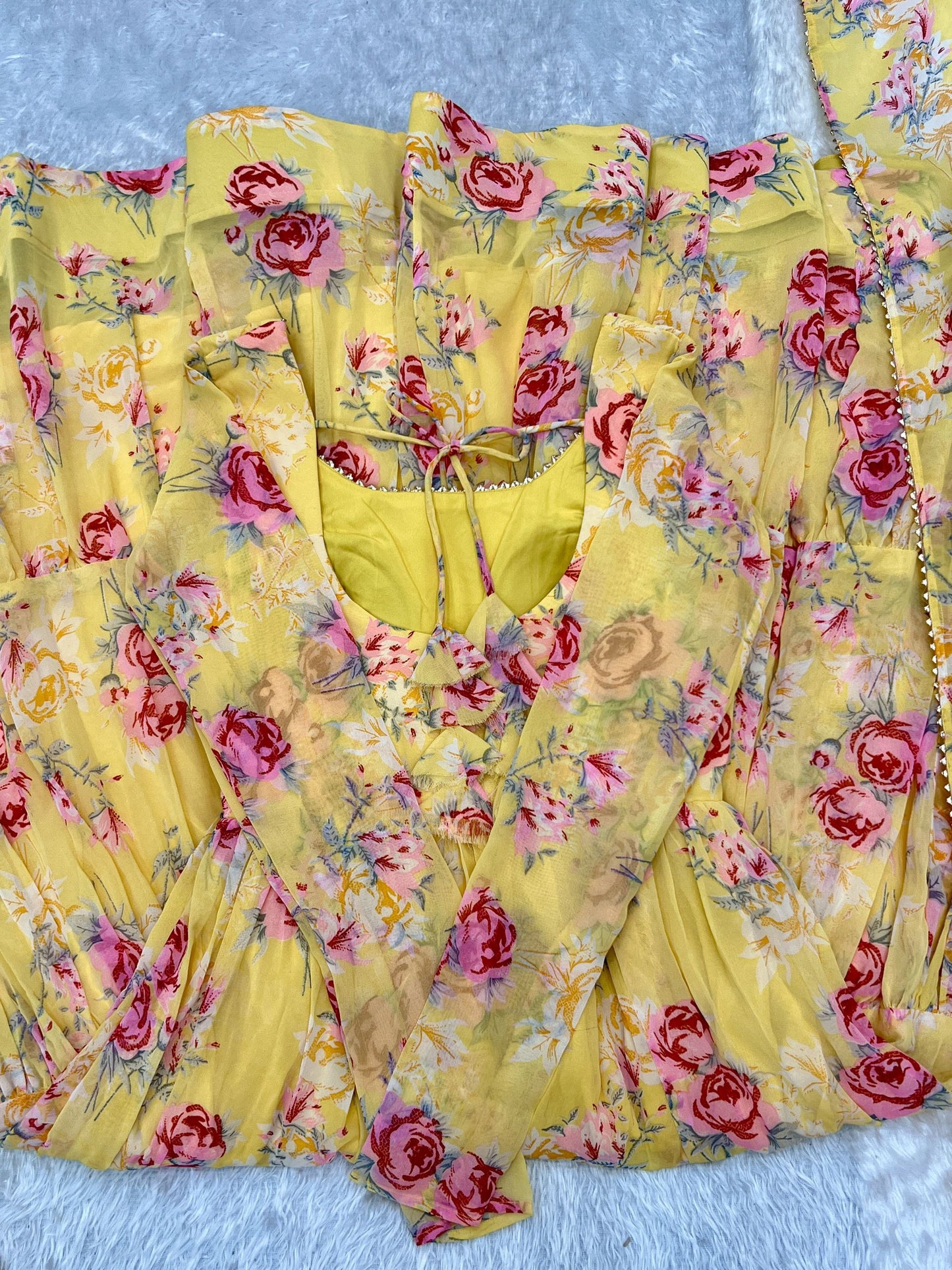 Yellow Colour Floral Printed Haldi functions Special Full Flaired Gown Collection.