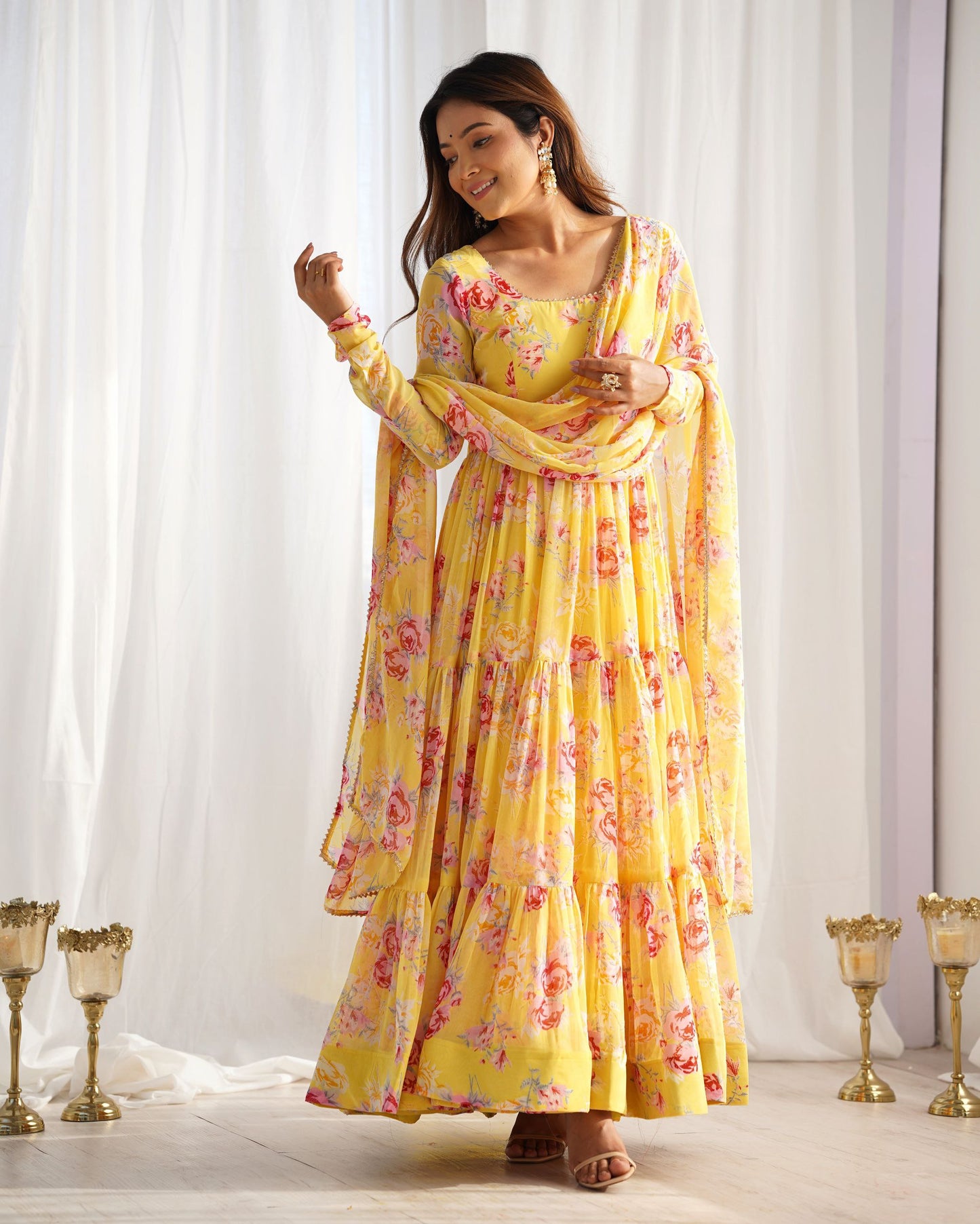Yellow Colour Floral Printed Haldi functions Special Full Flaired Gown Collection.