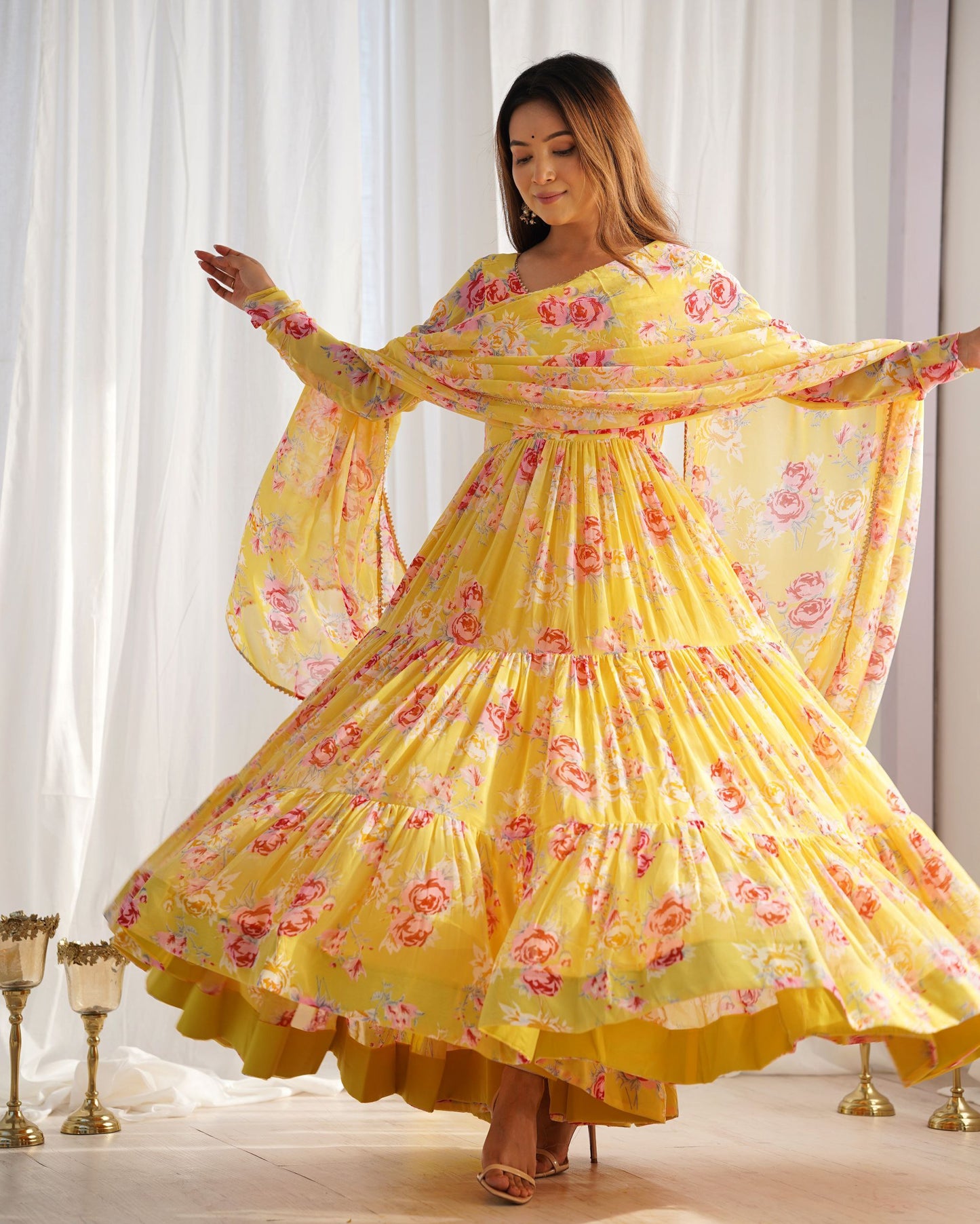 Yellow Colour Floral Printed Haldi functions Special Full Flaired Gown Collection.