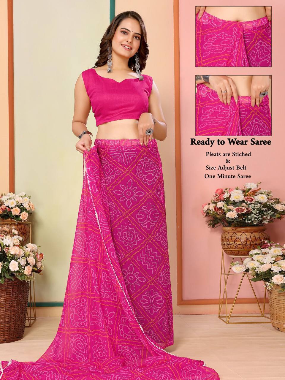 Weddings Functions Special Pink Ready To Wear Bandhani Saree.